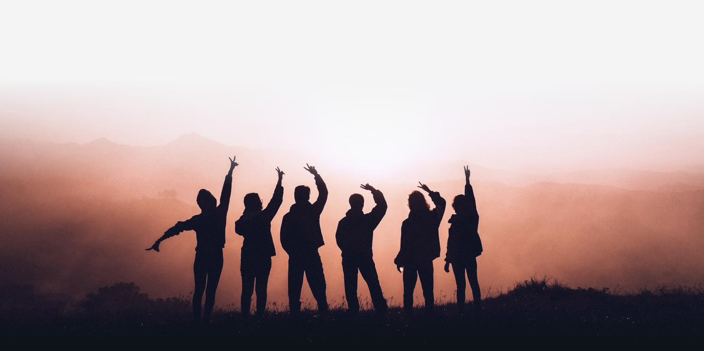 Silhouettes of people celebrating on a hill at sunset
